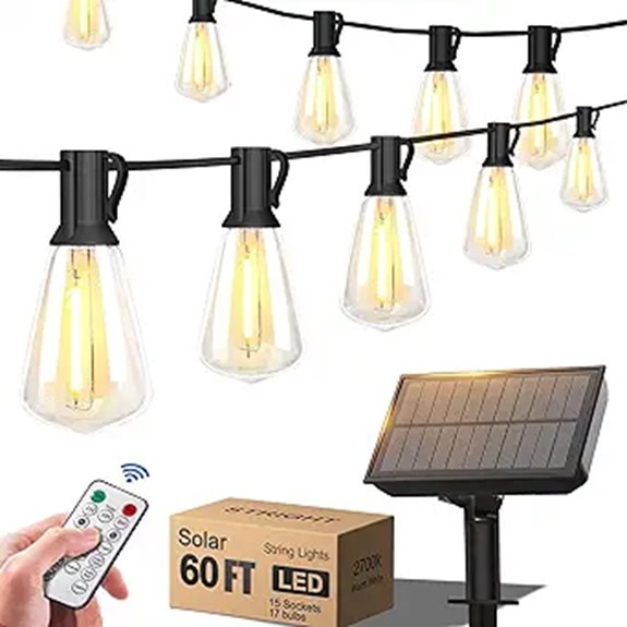 60FT Solar String Lights with Remote and Edison Bulbs