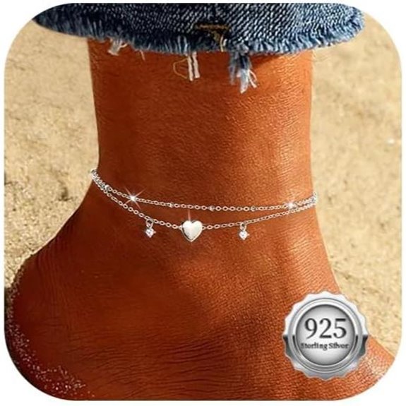Sterling Silver Adjustable Heart Charm Anklet Set