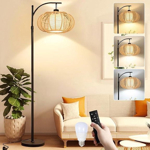 Arc Rattan Floor Lamp with Remote Dimmable LED