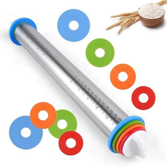 Adjustable 17” Stainless Steel Rolling Pin with Thickness Rings