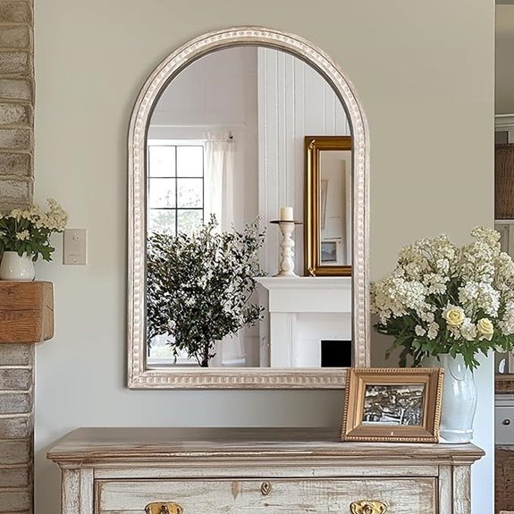 Arched Wall Mirror with Beaded Wooden Frame