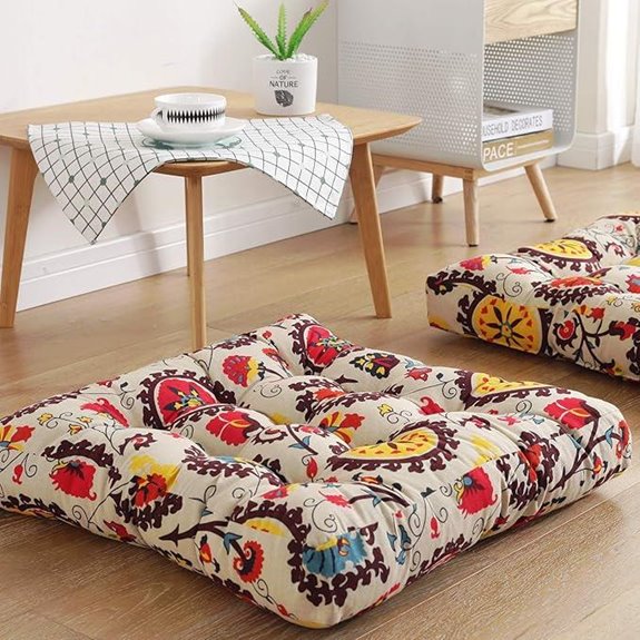 Boho Square Floor Pillow Cushion 22 Beige Flowers