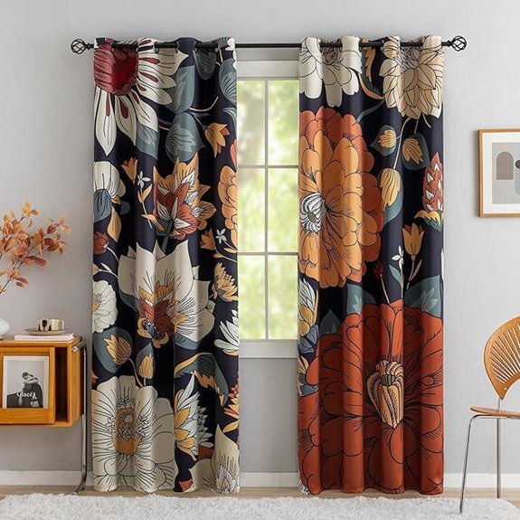 Black Boho Floral Blackout Curtains 84-Inch 2 Panels