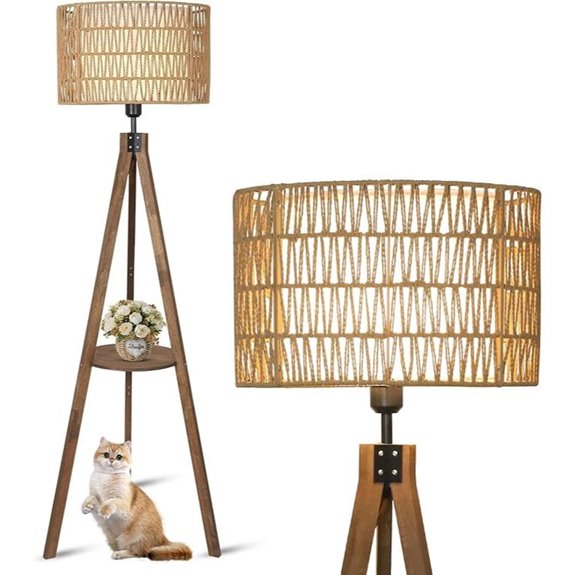 Boho Rattan Floor Lamp with Shelf and Foot Switch