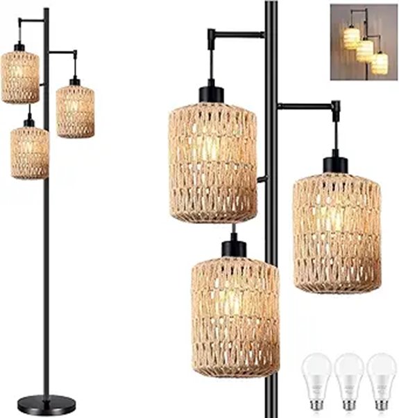 Boho Rattan Floor Lamp with Wicker Shade