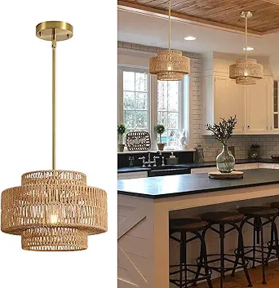 Boho Rattan Chandelier Light Fixture 1-Light Pendant