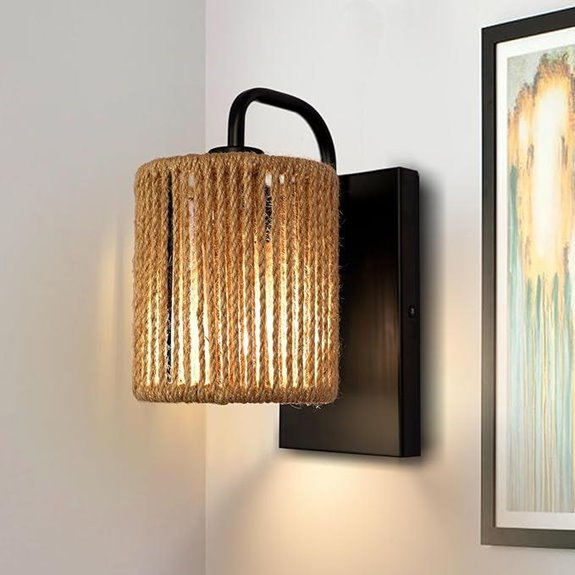 Boho Rattan Wall Sconce with Hemp Rope