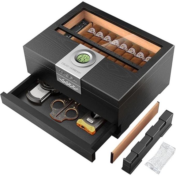 TISFA Cedar Cigar Humidor with Accessories and Glass Top