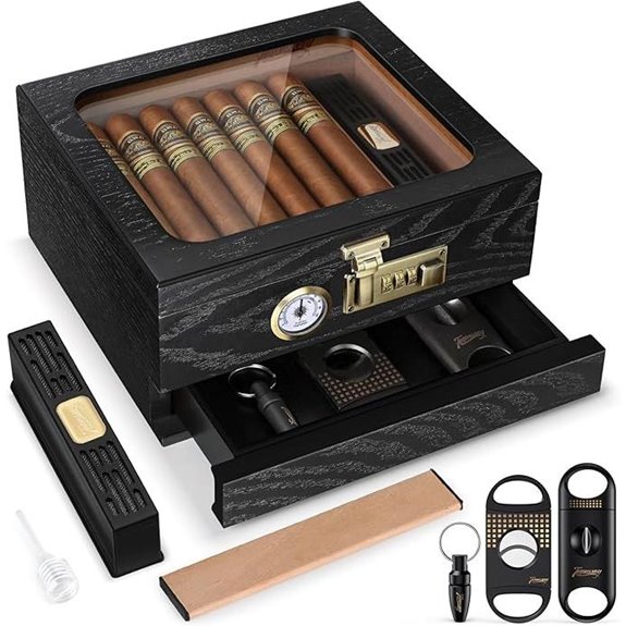 Cedar Wood Cigar Humidor with Lock and Accessories