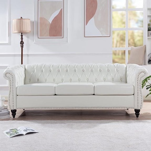 LEVNARY Chesterfield Leather Sofa 3-Seater Cream White