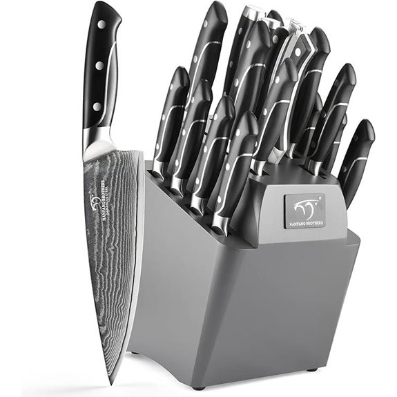 Damascus Kitchen Knife Set with Block (18 Pieces)