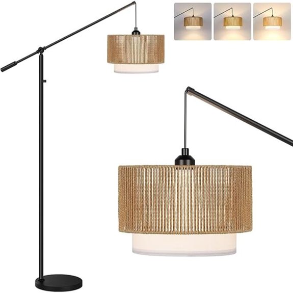 Upgraded Dimmable Boho Floor Lamp with Rattan Shade