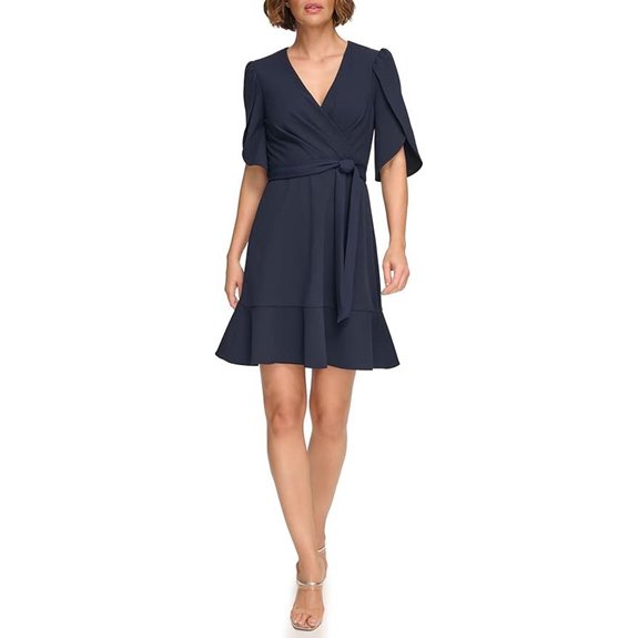 DKNY Womens Tulip Sleeve Scuba Crepe Faux Wrap Dress