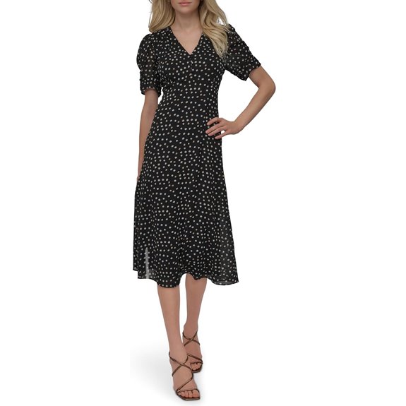 DKNY Womens Short Sleeve Button Front Fit & Flare Midi Dress
