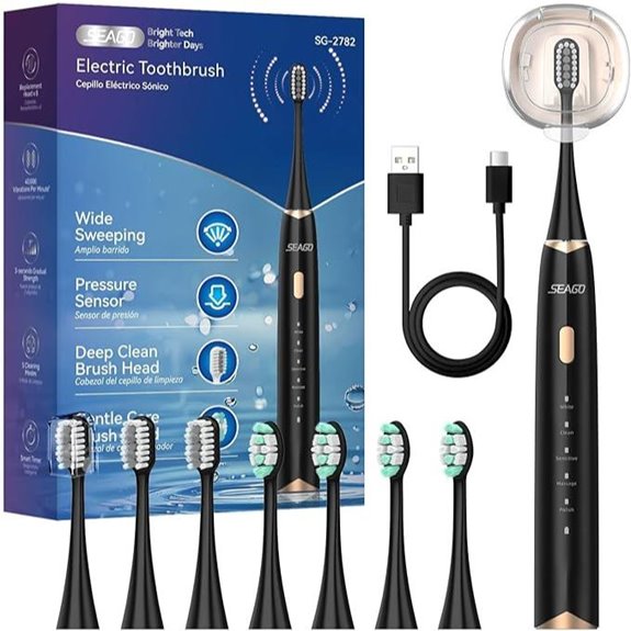 SEAGO Electric Toothbrush with 5 Modes & Replacement Heads