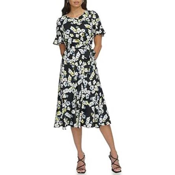 DKNY Womens Flutter Sleeve Round Neck Waist Tie Midi Dress