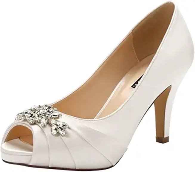 ERIJUNOR Rhinestone Satin Peep Toe Mid Heels