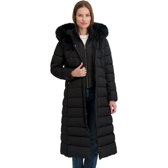 Tahari Women's Maxi Puffer Coat with Faux Fur Hood