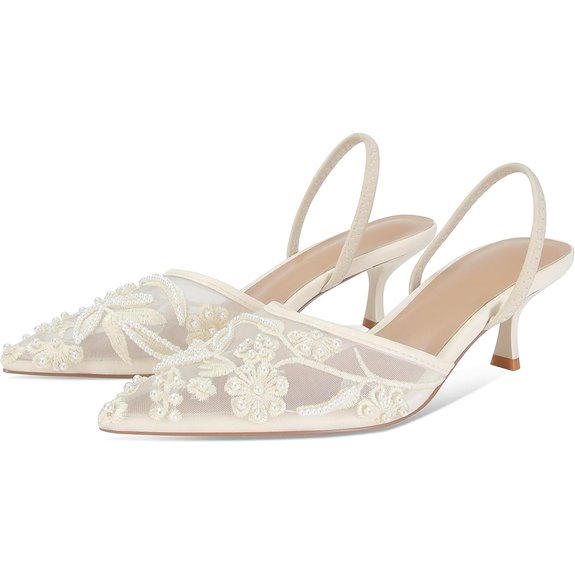 Embroidered Kitten Heels with Pearl Slip-On Sandals