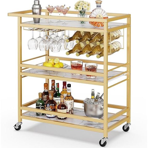 Leteuke Gold 3-Tier Rolling Bar Cart with Wine Rack