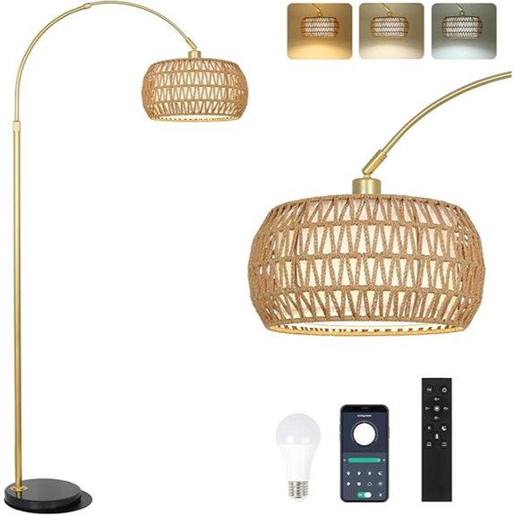 Gold Arc Floor Lamp with Remote & Dimmable Bulb