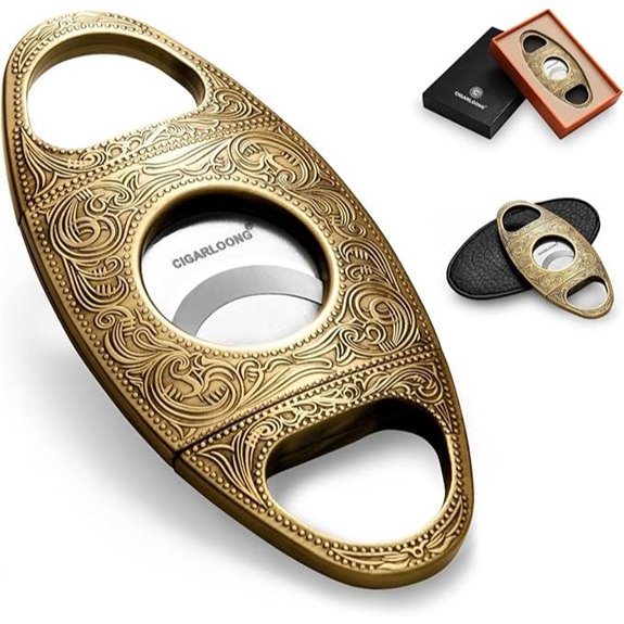 Cigar Cutter Stainless Steel Bronze Engraved Double Cut Blade (Color:Gold1)