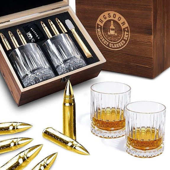 Whiskey Glass Set with Gold Bullet Whiskey Stones