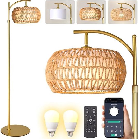 Gold Boho Rattan Floor Lamp with Remote