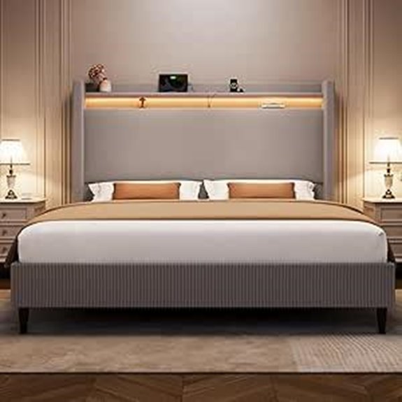King Bed Frame with LED Lights & Storage Headboard