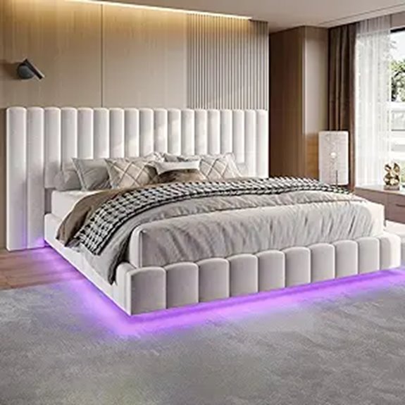 Jocisland Queen Bed Frame with LED and Velvet Headboard