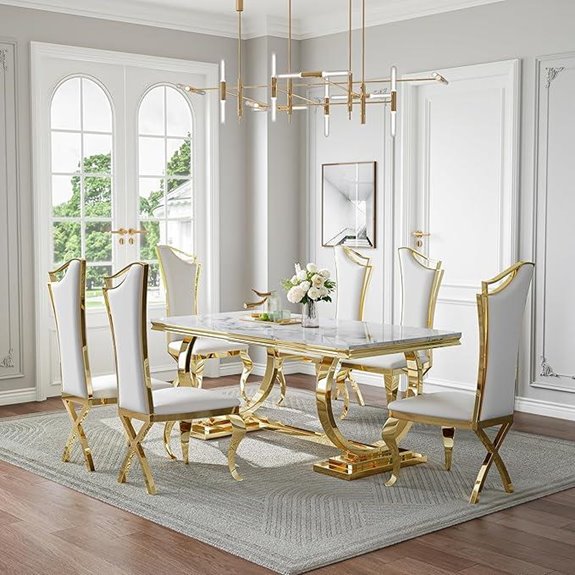 70-In Marble Dining Set with White Leather Chairs