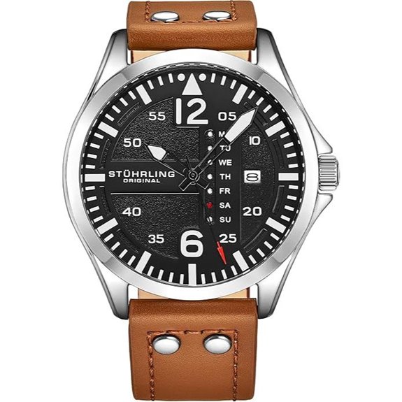 Stuhrling Men's Leather Aviation Watch with Day-Date