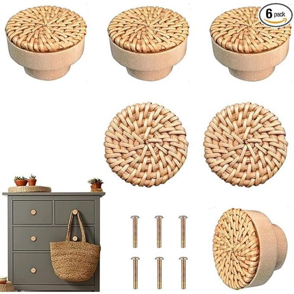 Boho Rattan Dresser Knobs 6 pcs Natural Colors