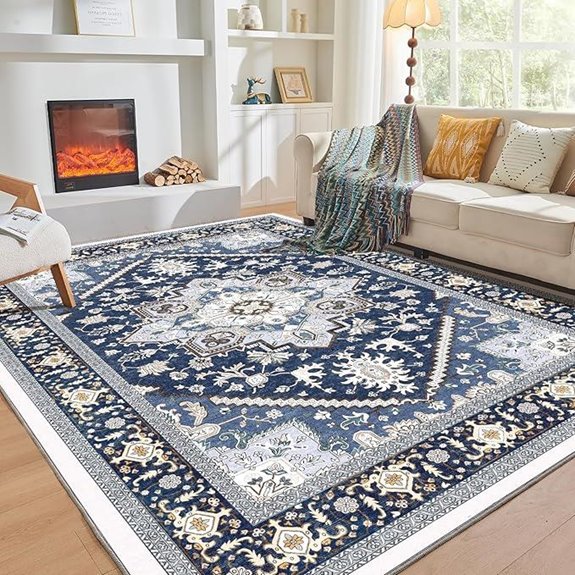 OPPODREAM 5x7 Washable Non-Slip Rug Navy & Gold
