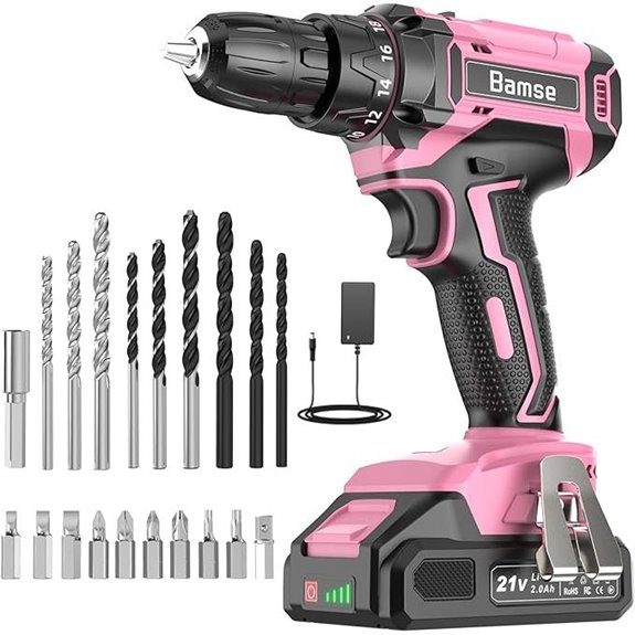 Pink 21V Cordless Drill Set with Bits and Charger
