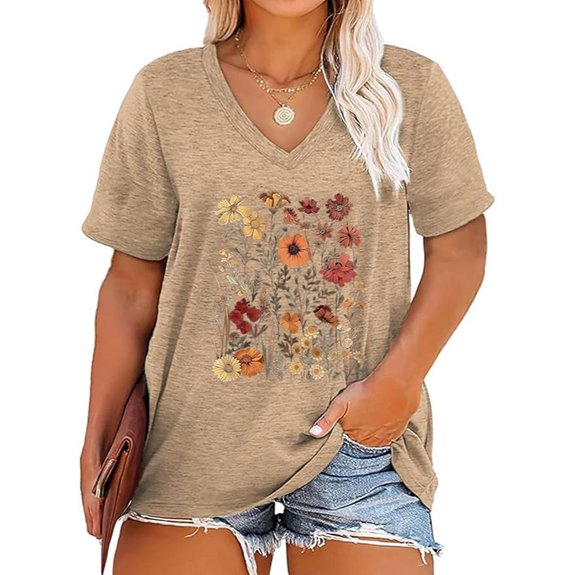 Plus Size Boho Floral V-Neck T-Shirt for Women
