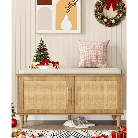 Rattan Shoe Storage Bench with Cushions and Shelves
