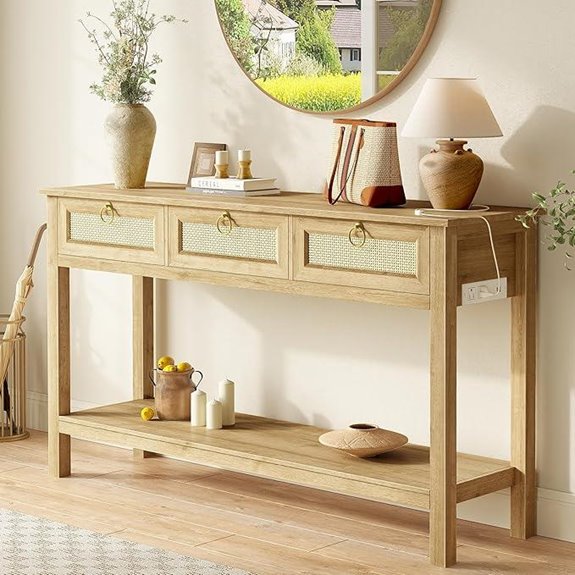 Superjare Rattan Console Table with Outlets and Storage