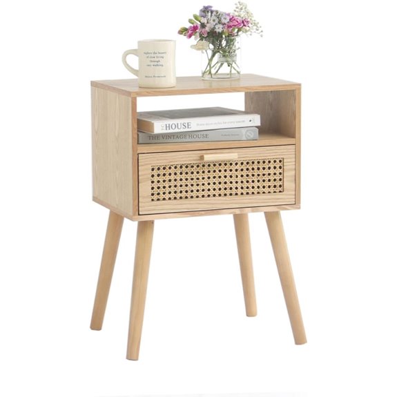MaxSmeo Rattan Nightstand with Storage and Wood Legs