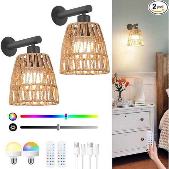 Boho Rattan Wall Sconces with Remote and RGB Colors