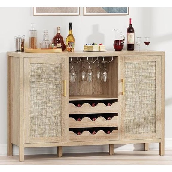 Rattan Wine Bar Cabinet with Glass Holder and Drawers