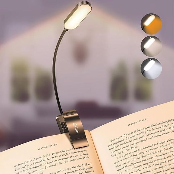 Gritin Rechargeable Book Light with Dimming and Clips