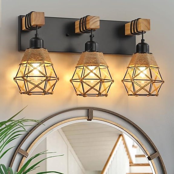 Rustic Wood Bathroom Wall Sconce with Wicker Shade