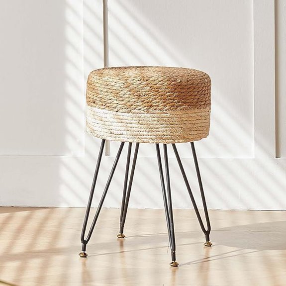 Handwoven Seagrass Vanity Stool with Metal Legs