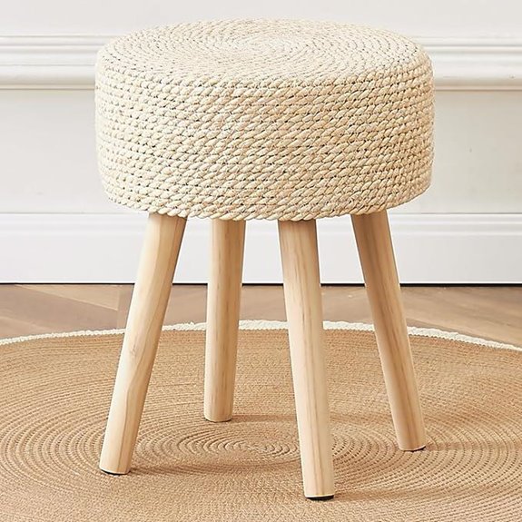 Cpintltr Round Seagrass Ottoman with Wooden Legs