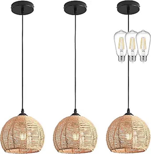3 Pack Wicker Pendant Lights for Dining and Kitchen