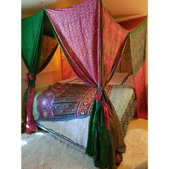 KLAVATE Boho Bed Canopy Curtains Indian Silk Sari