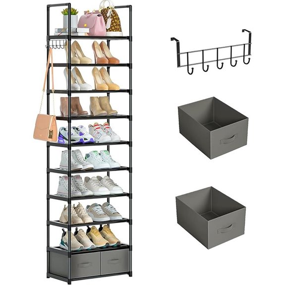 OYREL 10-Tier Narrow Shoe Rack with Storage Boxes