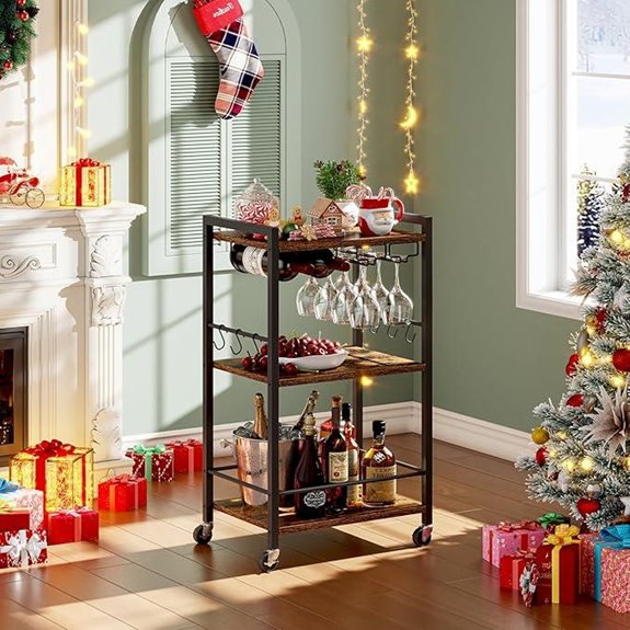 TUTOTAK 3-Tier Bar Cart with Wine Rack and Glass Holder