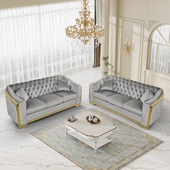 Mid Century Velvet Chesterfield Sofa with Gold Legs
